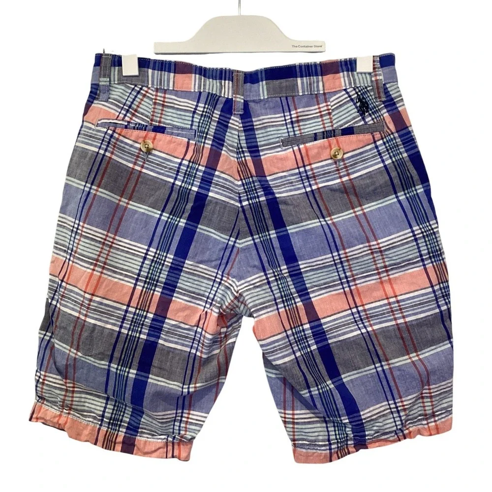 US‎ Polo Mens Shorts Plaid Madras Blue Grey Coral Green Flat Front Cotton - 30